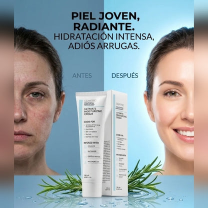 Crema antiarrugas Juvenil HidraColágeno con colágeno, tubo y caja de 100 ml sobre fondo azul con agua y romero, junto a dos rostros de mujer con las etiquetas «antes» y «después».