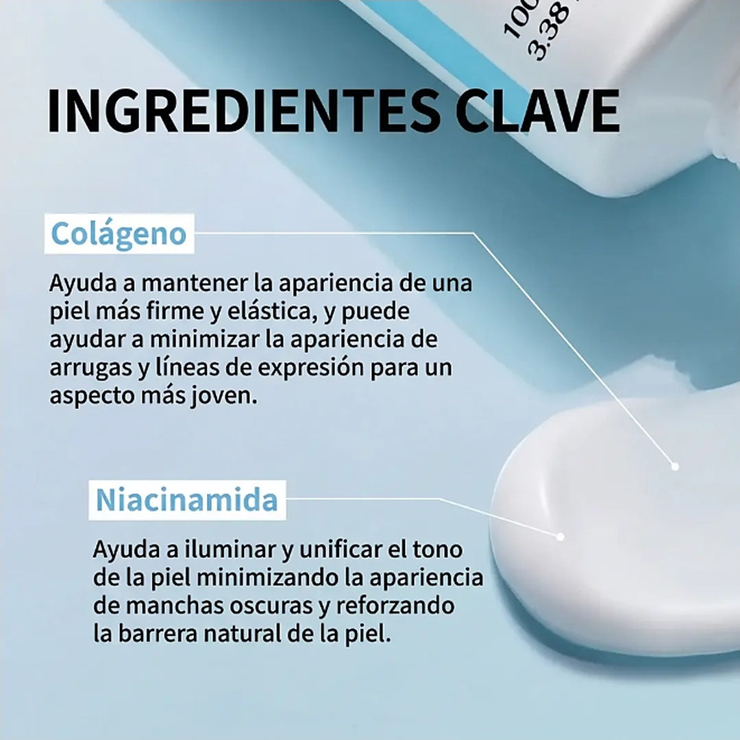 Ingredientes clave de la crema: colágeno para la firmeza y elasticidad, y niacinamida para unificar el tono de la piel.