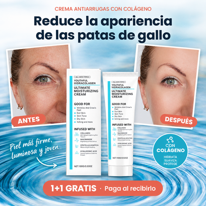 Crema antiarrugas Juvenil HidraColágeno con colágeno: caja y tubo de 100 ml sobre fondo de agua, junto a una foto de antes y después del contorno de ojos. Con colágeno: hidrata, suaviza y protege. Oferta 1+1 gratis, pago contra reembolso.
