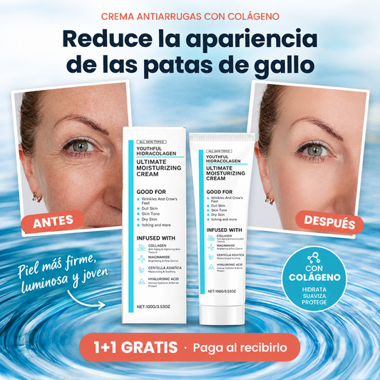 Crema antiarrugas Juvenil HidraColágeno con colágeno: caja y tubo de 100 ml sobre fondo de agua, junto a una foto de antes y después del contorno de ojos. Con colágeno: hidrata, suaviza y protege. Oferta 1+1 gratis, pago contra reembolso.